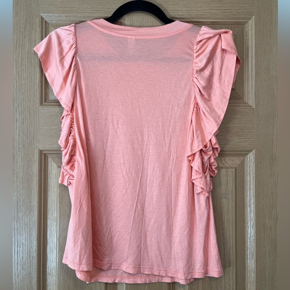 By Anthropologie Coral Pink Ruffle Flutter-Sleeve Tee Small - Picture 7 of 9